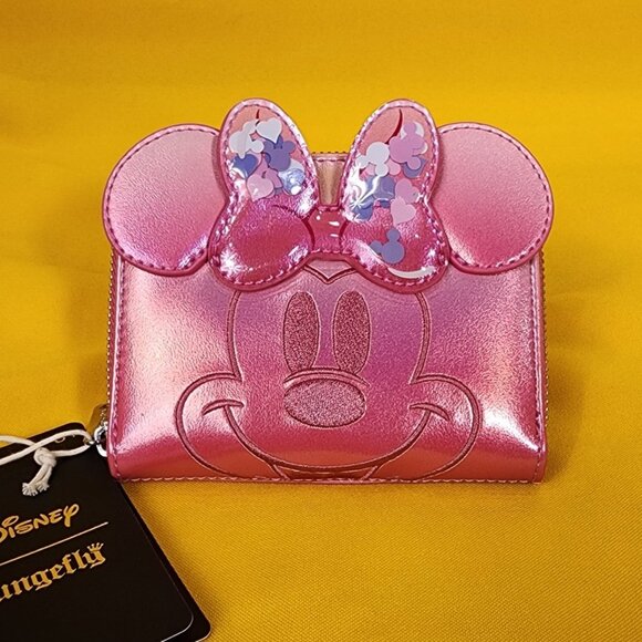 Loungefly Disney Minnie Mouse Pink Iridecent Ears Bow Confetti Zip Wallet NEW - Picture 13 of 13